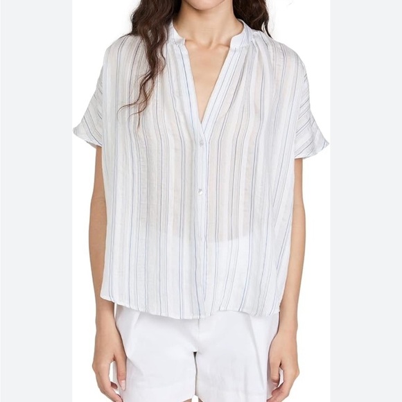 Vince Drapey striped shirred blouse women’s large EUC white blue runs big - Picture 5 of 5